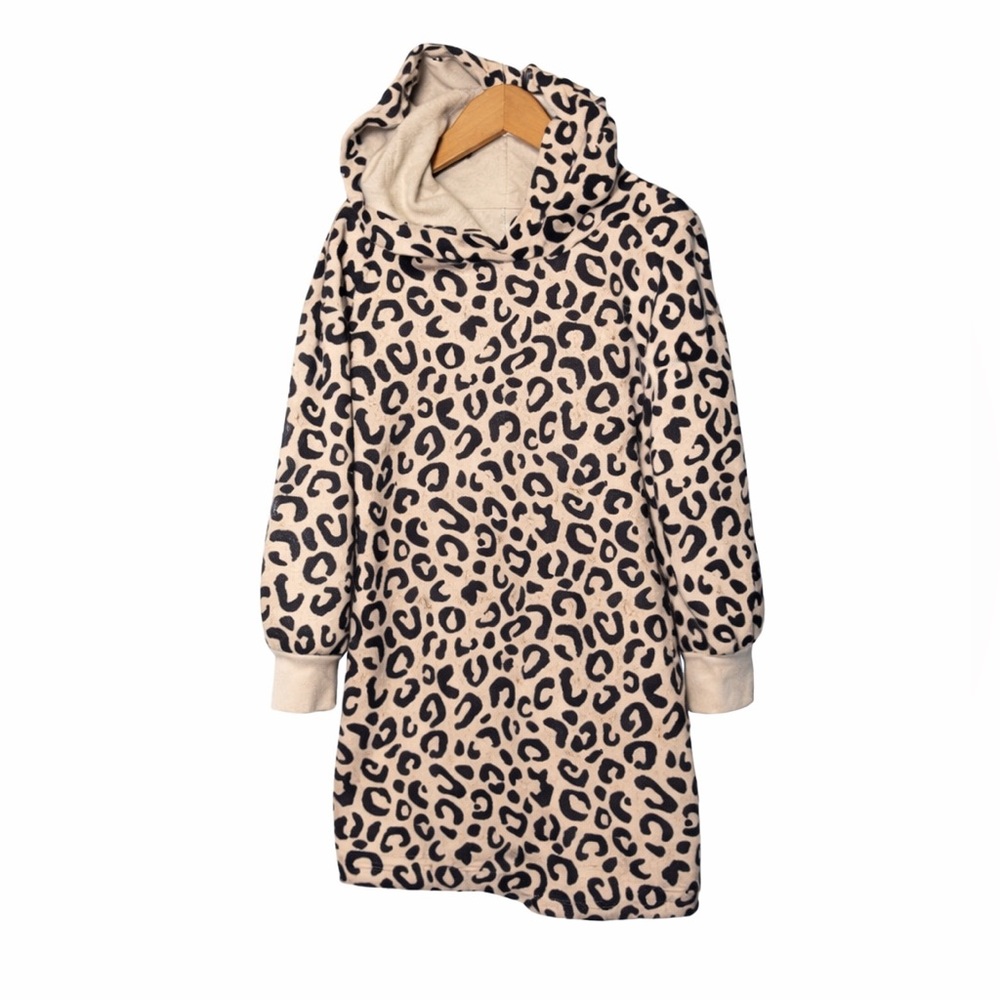Old Navy Girls Leopard Hoodie Sweatshirt Dress Size 4T 5T Long Sleeve Cozy